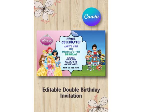 Twin Disney Princess and Paw Patrol Birthday Invitation | Canva Template